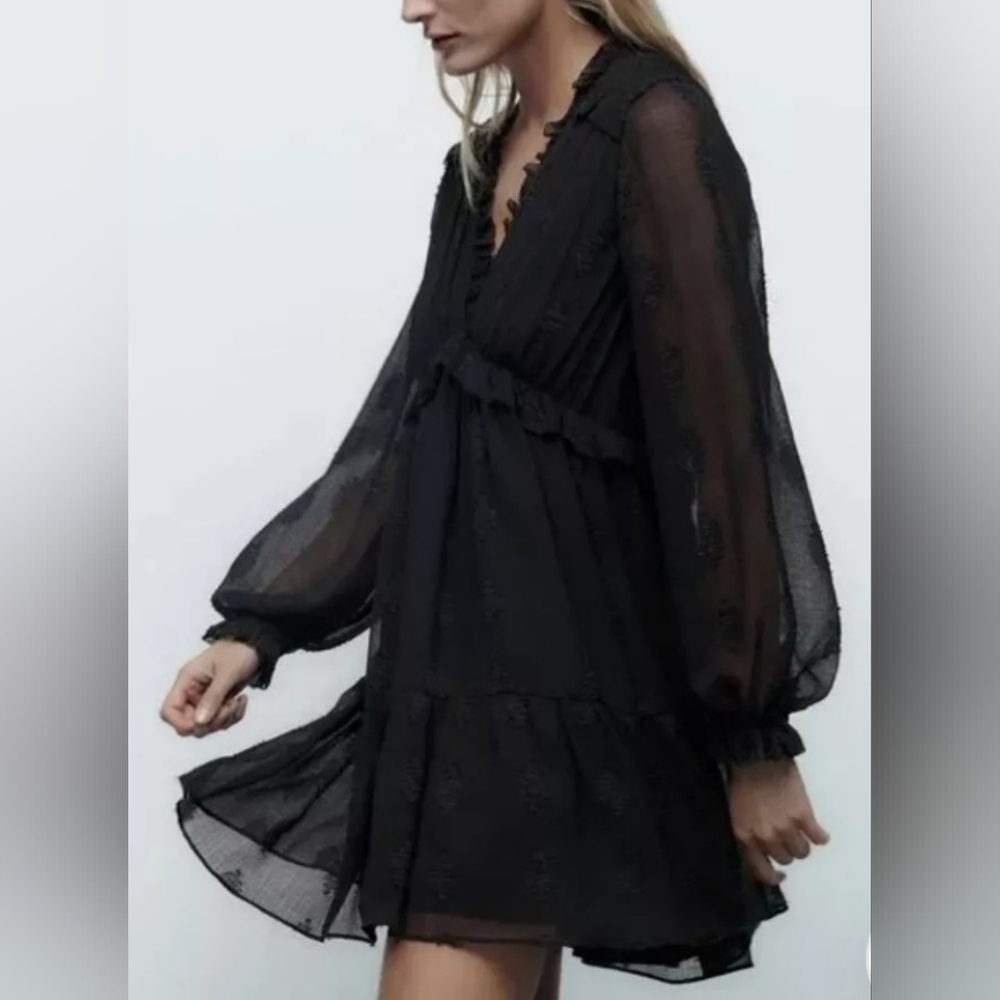 ZARA   Babydoll mini  black dress sheer Chiffon Blend Lined fabric NWOT  Size XS